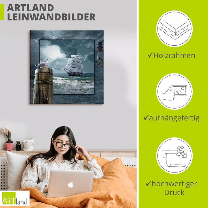 ARTland Leinwandbilder Wandbild Bild auf Leinwand 100x100 cm Wanddeko Meer Küste Maritim Schiff Sege