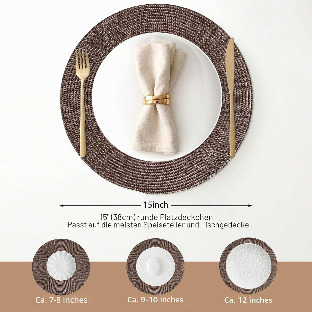 FunWheat Runde geflochtene Tischsets Set mit 6 Tischsets für Esstische, gewebt, waschbar, rutschfest