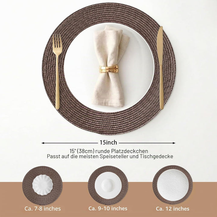 FunWheat Runde geflochtene Tischsets Set mit 6 Tischsets für Esstische, gewebt, waschbar, rutschfest