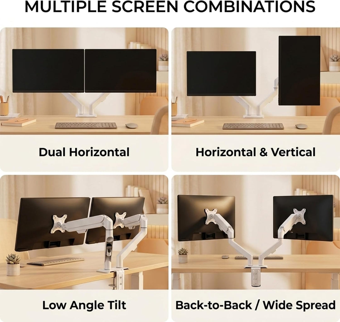 HILLPORT Weiss Monitor Arm Halterung 2 Monitore für 17 bis 30 Zoll Bildschirme, Bildschirmhalterung