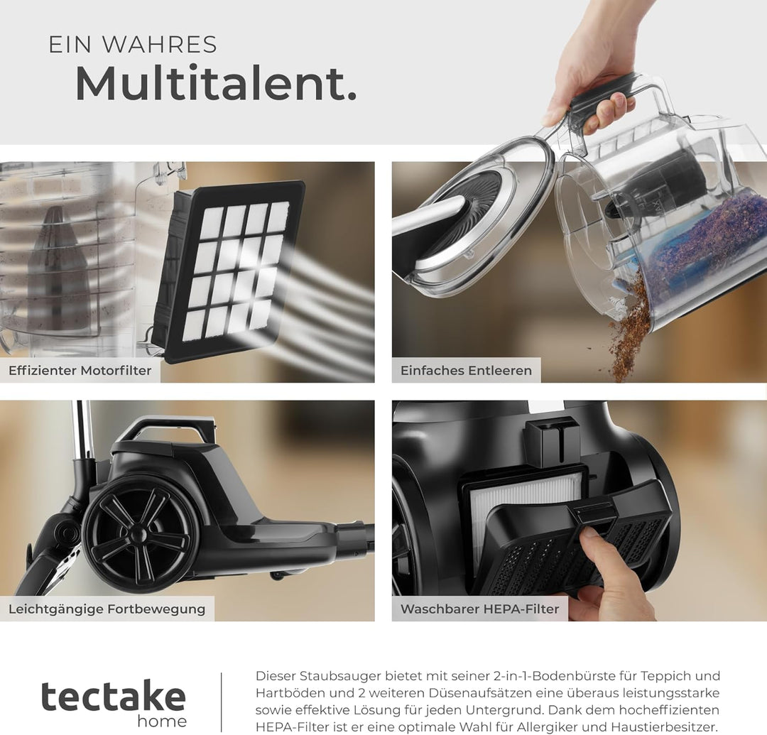 tectake® Staubsauger beutellos, VC900, 900 W, stark, beutelloser Bodenstaubsauger mit Kabel, für Tie