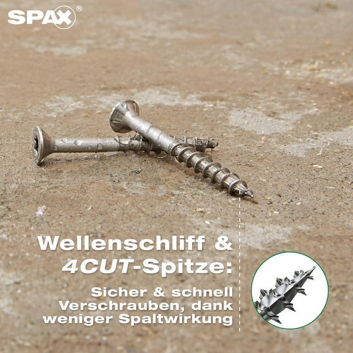 SPAX Universalschraube, 5 x 60 mm, 180 Stück, Teilgewinde, Senkkopf, T-STAR plus T20, 4CUT, Edelstah