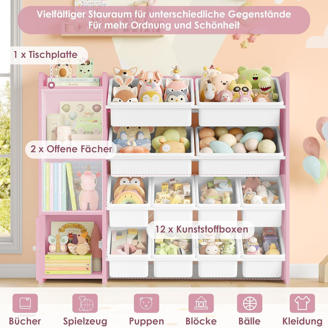FOREHILL Kinderregal mit 12 Boxen Kinderschrank Holz Bücherregal für Kinder Aufbewahrungsbox Kinderz