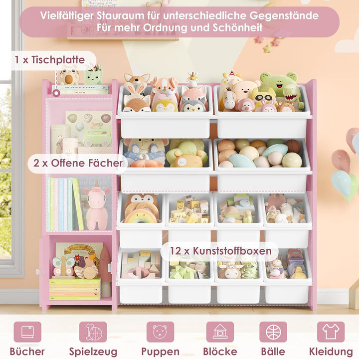 FOREHILL Kinderregal mit 12 Boxen Kinderschrank Holz Bücherregal für Kinder Aufbewahrungsbox Kinderz