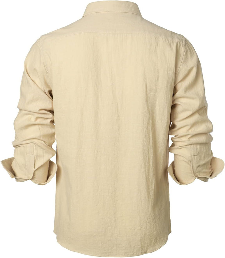 PARKLEES Herren Regular Fit Baumwolle wie Leinen Hemd Casual Langarm Button Down Shirts mit Tasche S