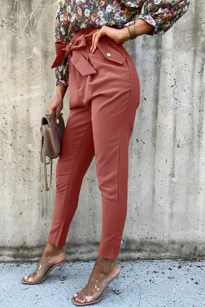 ONAYEYO Damen Casual High Waist Hose Einfarbig Elegant Lang Hosen Elastische Taille Carpi Hose mit B