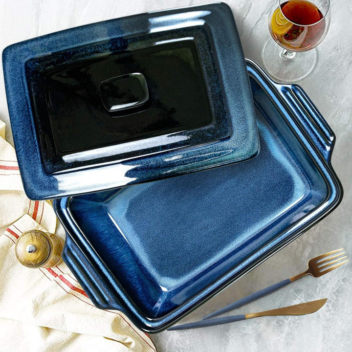 UNICASA Keramik Auflaufform Mit Deckle, Backformen Rechteckig 39 x 24 x 9 cm, Pastetenform Steinzeug