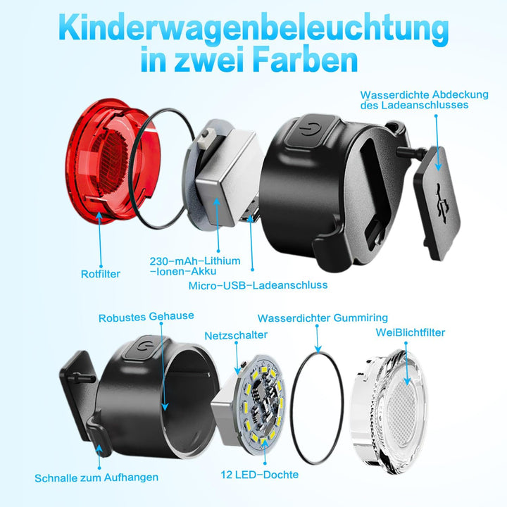 Mucek 2 Stück Kinderwagen Licht, Kinderwagen Beleuchtung, Kinderwagenlichter LED mit weissem rotem L