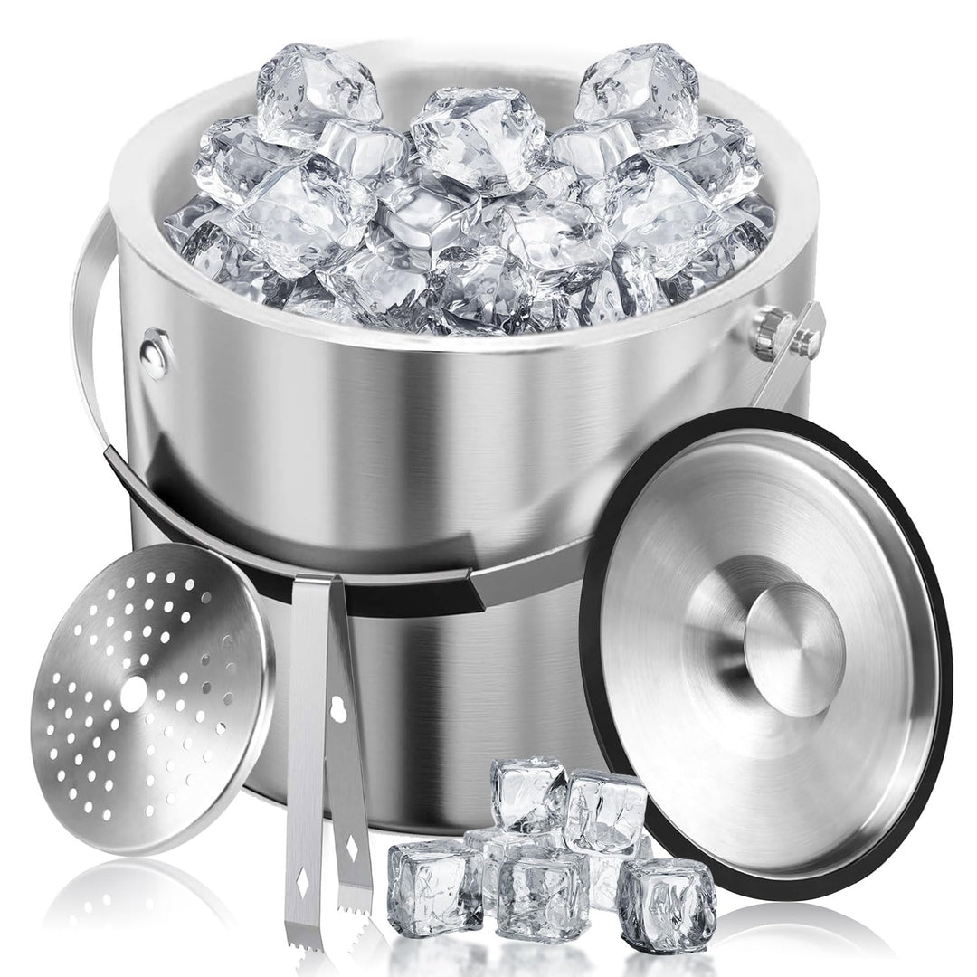 Edelstahl Eisbehälter 3L mit luftdichtem Deckel，Sieb und Eiszange，Eiswürfelbehälter doppelwandiger,