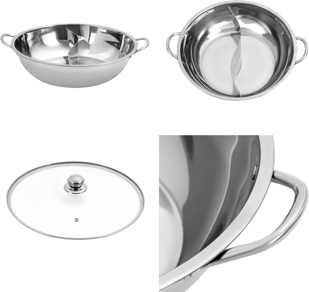 Edelstahl Hot Pot Shabu Topf Heisser Topf mit Glasdeckel und Trennwand Kompatibel mit Gaskochfeldern