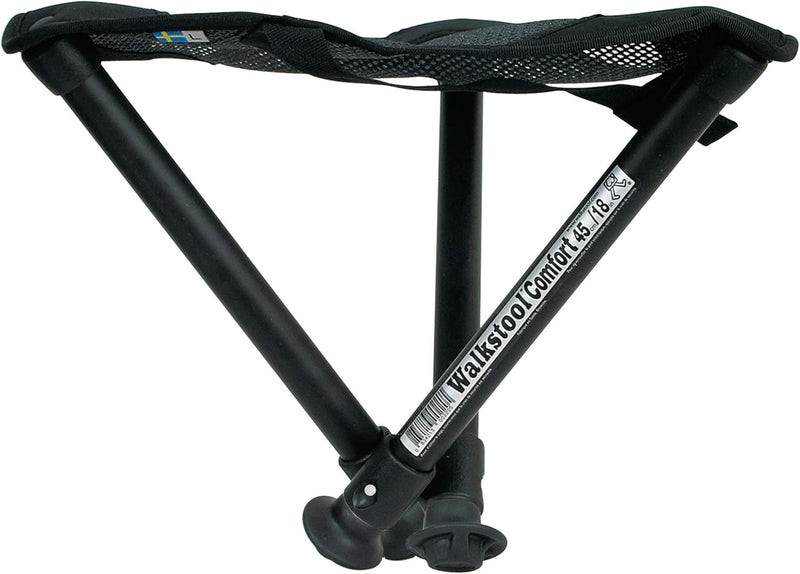 WALKSTOOL Comfort MIT GEPOLSTERTER Tasche Schwarz und Silber - 3-Beiniger Klapphocker aus Aluminium