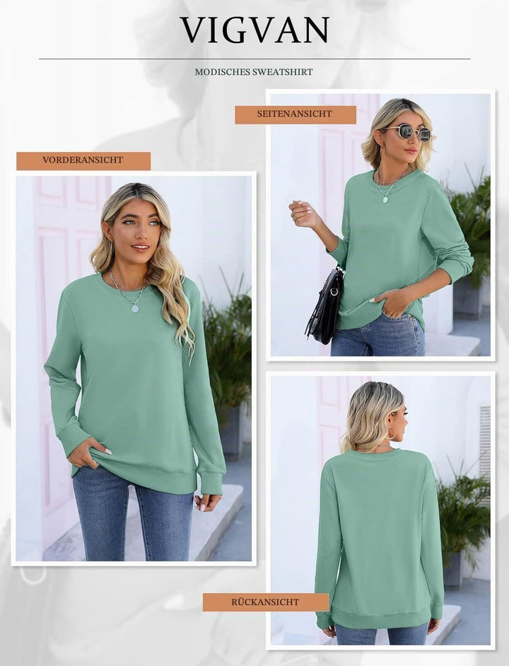 VIGVAN Damen Sweatshirt Pullover Elegant Basic Langarmshirt Rundhals Baumwolle Pulli Herbst Winter C