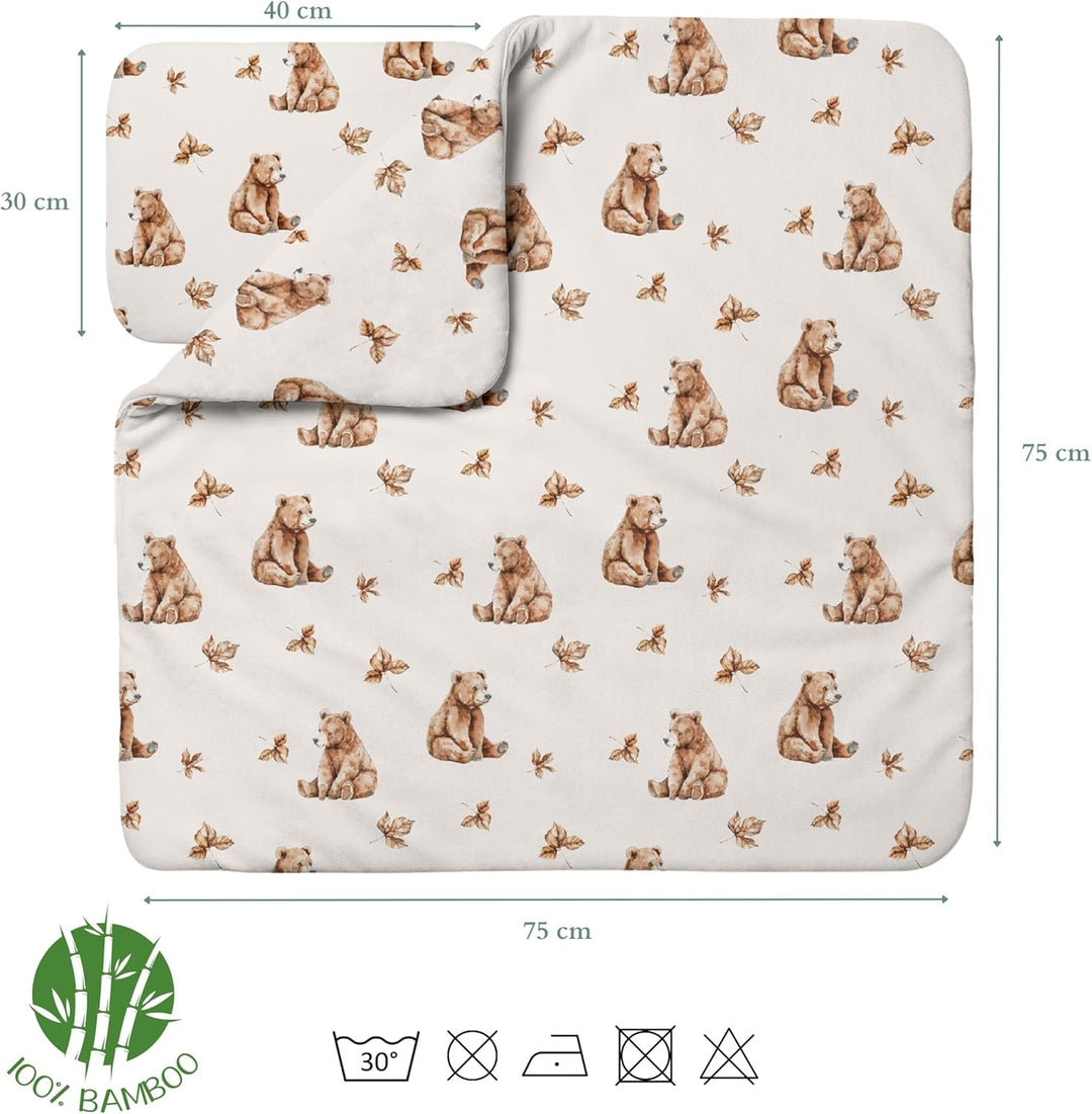 waldin Babybettwäsche Bambus Viskose Set ohne Bezug, Bärchen/Beige | Hypoallergen, Atmungsaktiv, The