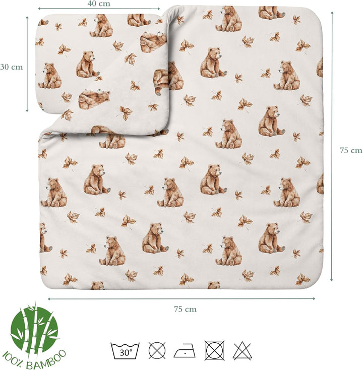 waldin Babybettwäsche Bambus Viskose Set ohne Bezug, Bärchen/Beige | Hypoallergen, Atmungsaktiv, The