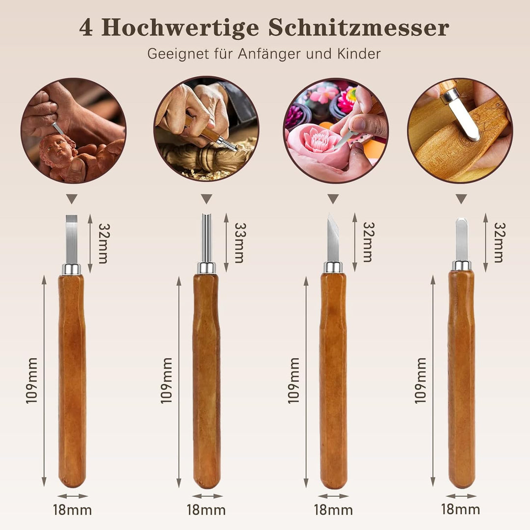 Holz Schnitzwerkzeug Set, KAQ 24 in 1 Schnitzset mit 7*Schnitzmesser, 6 Stück Lindenholz zum Schnitz