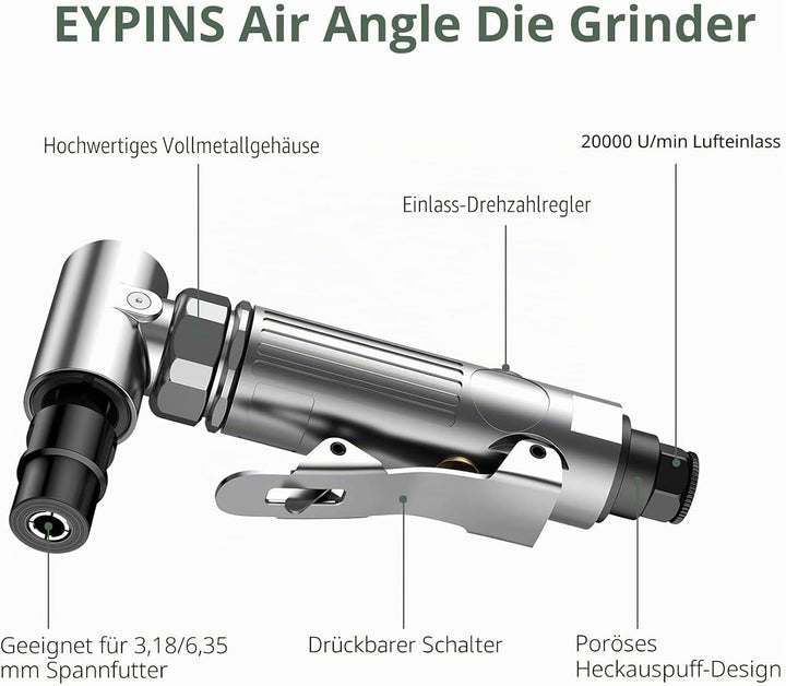 EYPINS Druckluftschleifer Set, Stabschleifer Druckluft Schleifer 90° abgewinkelt Winkelschleifer 90p