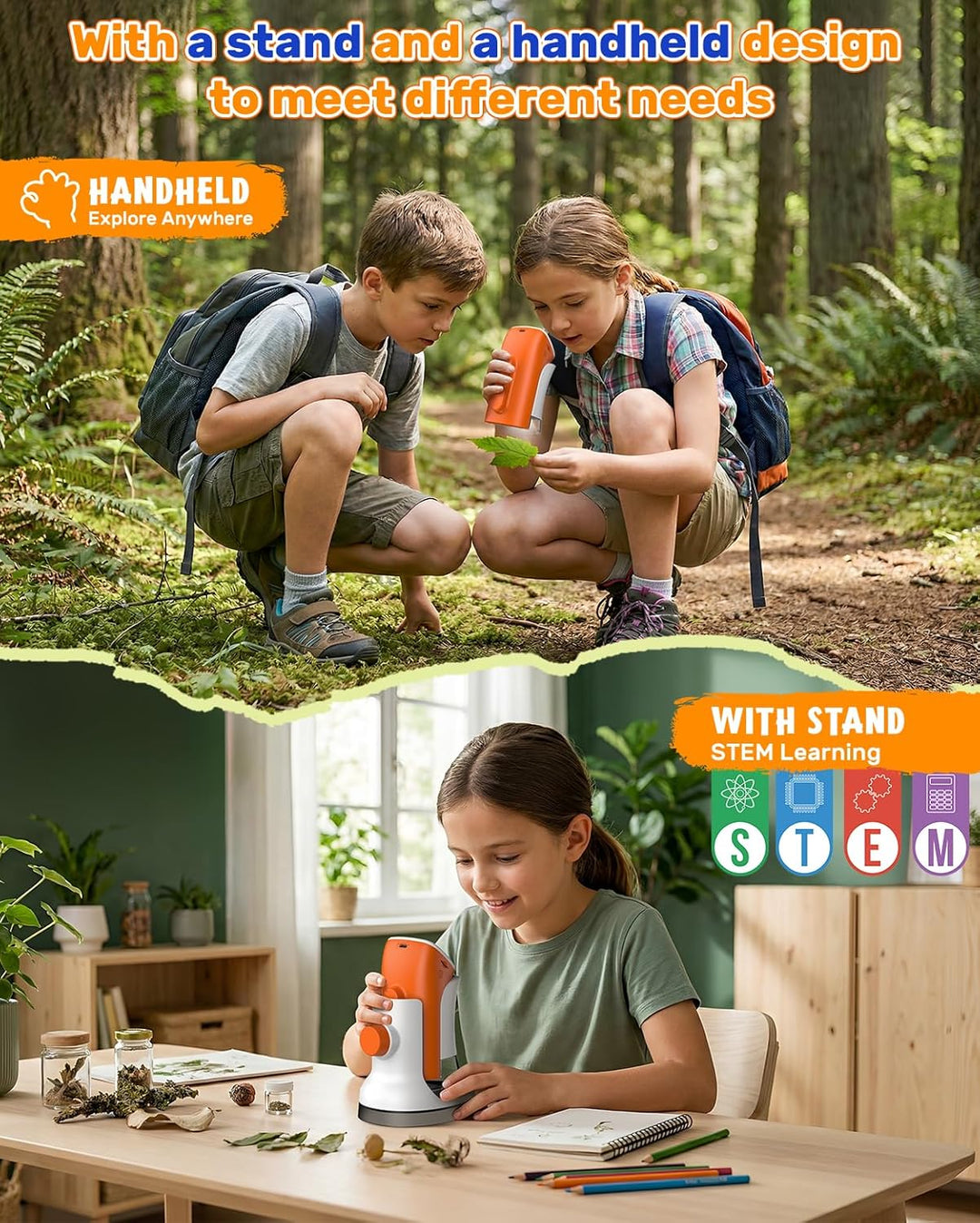 Mikroskop für Kinder mit Stand: Digitales Handmikroskop 100 – 1000 x: LCD-Display 4 K, 2,0 Zoll, USB