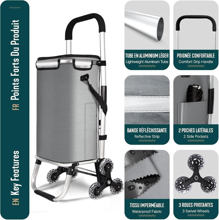 VOUNOT Aluminium Einkaufstrolley Treppensteiger, Trolly Einkaufswagen Klappbar, Hackenporsche mit 6