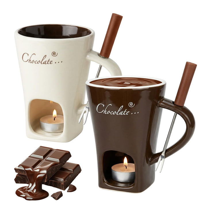 2 Set Schokofondue Tasse Keramik 130 ML - Schokofondue Set Keramik Schokoladenfondue Tasse mit Gabel