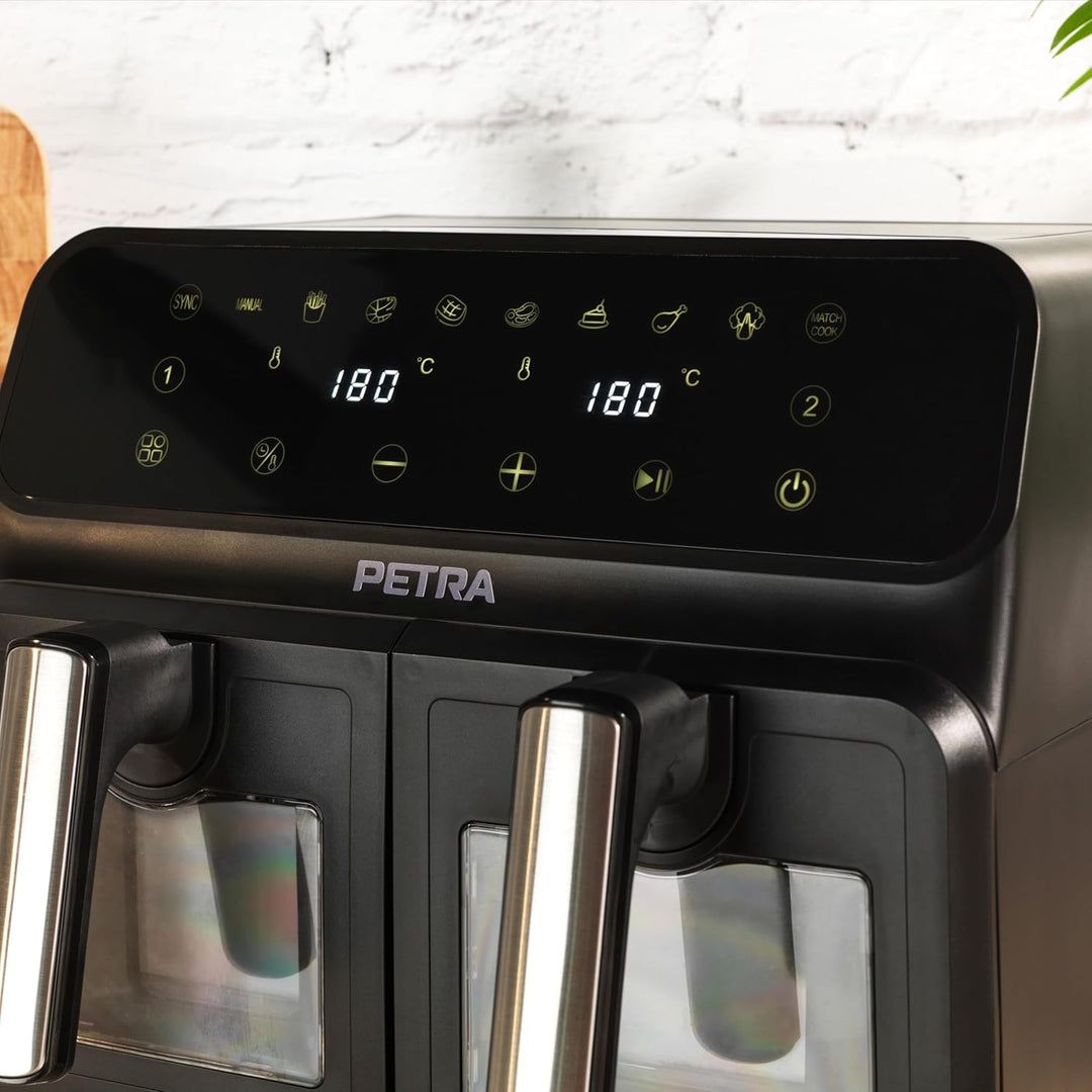 Petra PT5196GWVDE 7,6-l-Doppel-Heissluftfritteuse - Fritteuse ohne Öl, Ölfreier Kocher, Doppelschubl