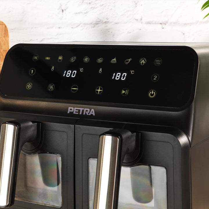 Petra PT5196GWVDE 7,6-l-Doppel-Heissluftfritteuse - Fritteuse ohne Öl, Ölfreier Kocher, Doppelschubl