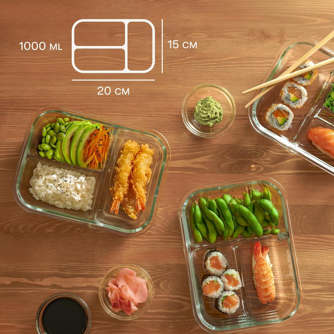 Praknu Meal Prep Boxen Glas 3 Fächer - Glasdosen 2er Set mit Deckel 1000ml - Luftdicht - BPA-Frei -