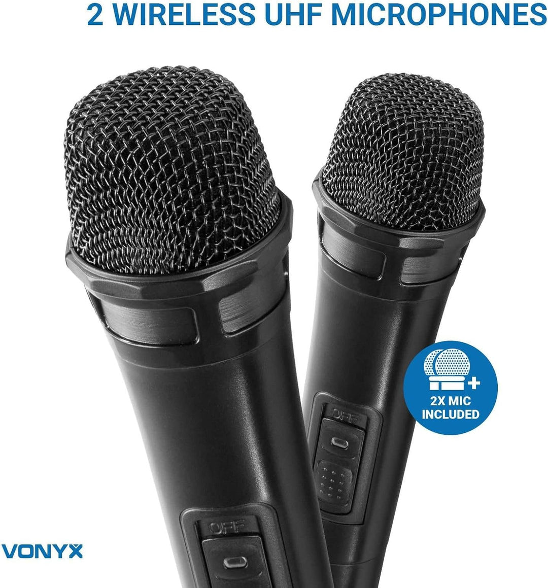 Vonyx AV510 PRO Karaoke Mikrofon Set mit 2X drahtlosen UHF Mikrofonen und Karaoke Mixer, KTV Set, Bl