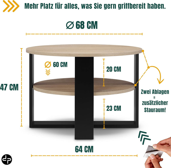 defiPad Couchtisch rund Eiche Ø70 cm - Beistelltisch mit Ablage - Sonoma Eiche - 2 Ebenen, runder mo