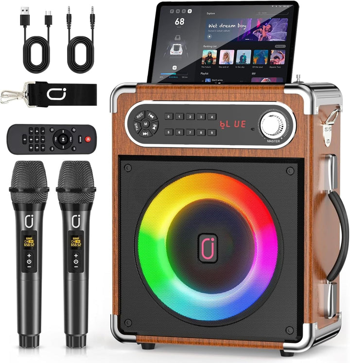 JYX Karaoke Anlage mit 2 drahtlosen Mikrofonens, Tragbares PA-System Karaoke Lautsprecher Höhen/Bass