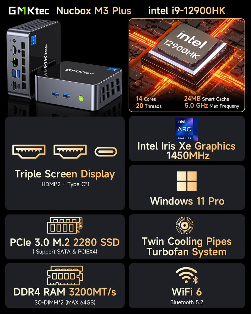 GMKtec M3 Plus Mini PC mit Intel Core i9 12900HK (14C/20T 5.0 GHz), 32GB DDR4 RAM + 1TB NVMe SSD, Mi