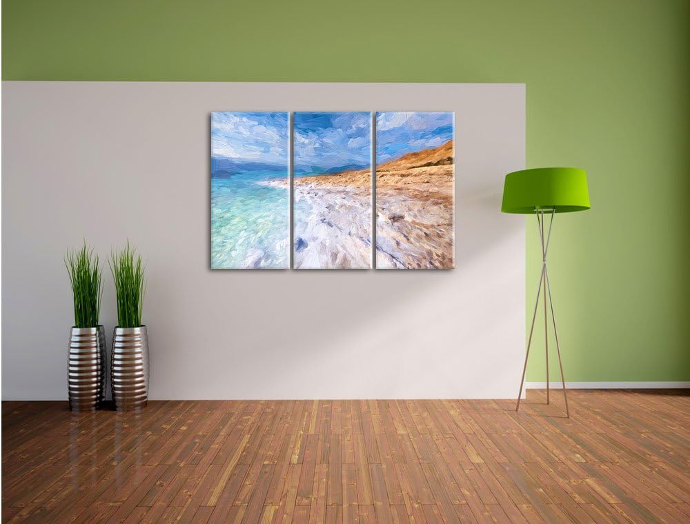 Pixxprint Das Tote Meer bei Tag Pinsel Effekt 3-Teiler Leinwandbild 120x80 Bild auf Leinwand