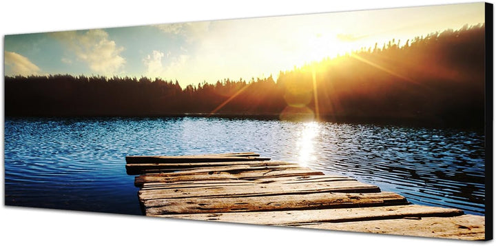 Paul Sinus Art Panoramabild auf Leinwand und Keilrahmen 150x50cm See Holzsteg Wald Sonnenuntergang