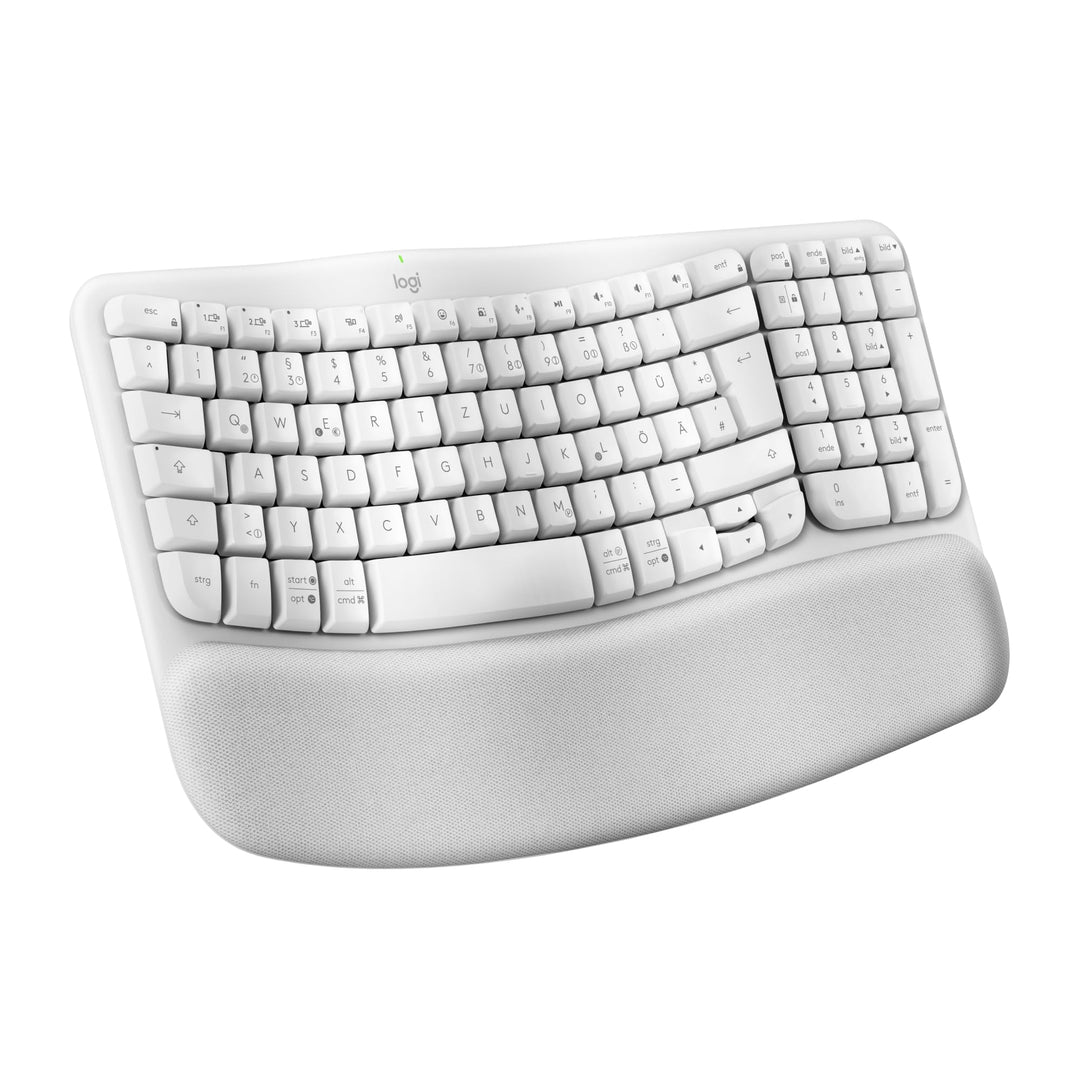 Logitech Wave Keys kabellose ergonomische Tastatur, gepolsterte Handballenauflage, komfortables natü