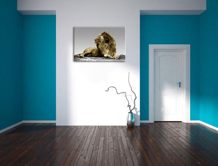 majestätischer Löwe auf Fels schwarz/weiss Format: 100x70 auf Leinwand, XXL riesige Bilder fertig ge