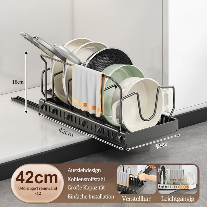 Topfdeckelhalter Ausziehbarer, Pfannenhalter für Schublade mit 12 Verstellbaren Teiler & Küchentuchh