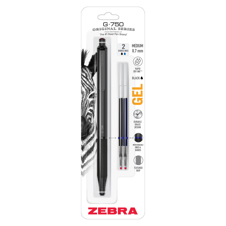 Zebra Pen G-750 Gelschreiber, einziehbar, schwarzer Messingschaft, mittlere Spitze, 0,7 mm, schwarze