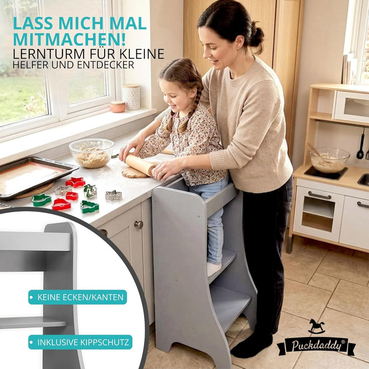 Puckdaddy® Lernturm ab 1 Jahr mit Kippschutz - Grau, 43x50x94 cm - Montessori Learning Tower - Tritt