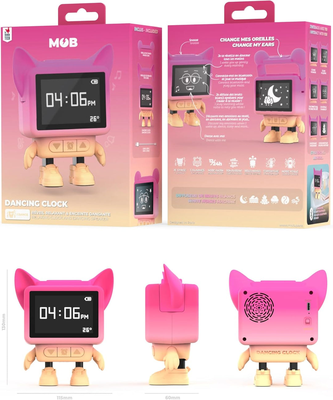 Mob Wecker und Lautsprecher, Bluetooth, für Kinder, Tanz in Musik, LCD-Display, emotional & beruhige