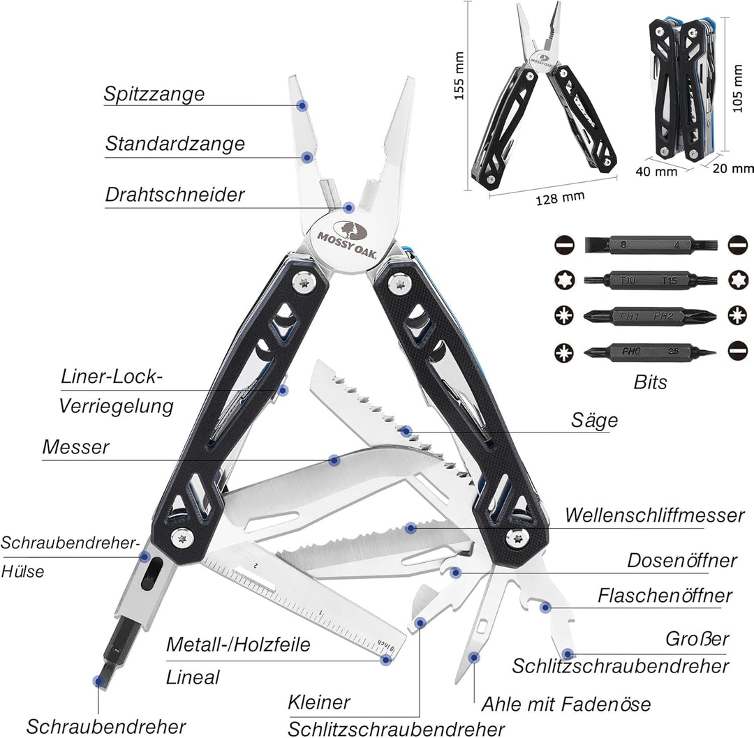 Mossy Oak Multifunktionszange 22-in-1 Multi-Tool Edelstahl Multifunktionale Zange Faltbar Multitool