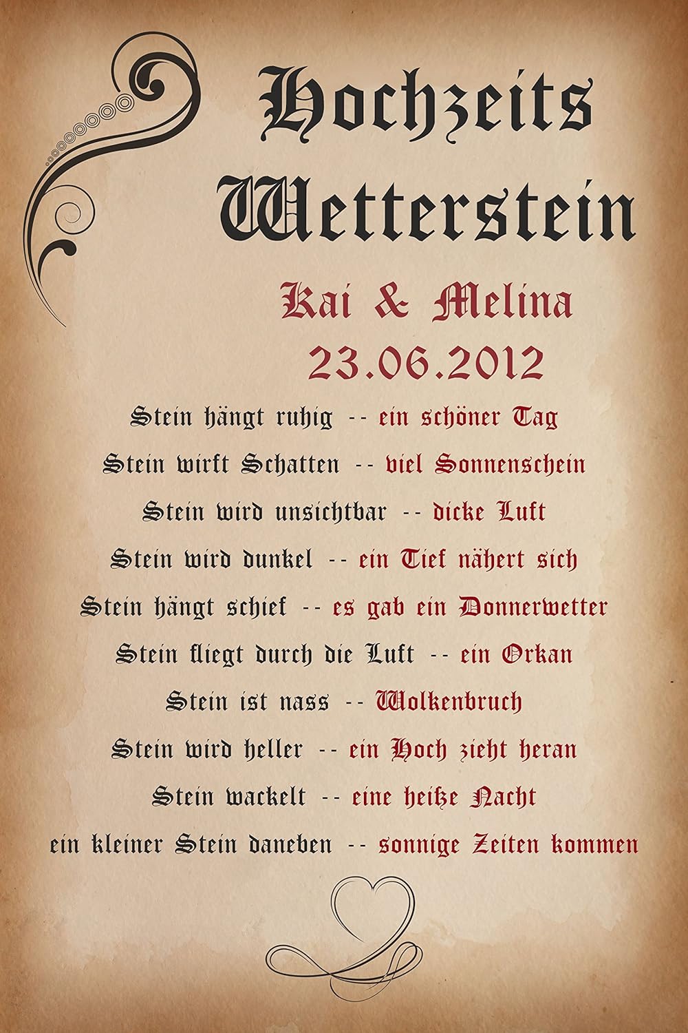 Melis Folienwerkstatt Schild - Hochzeits Wetter-Stein - 60x40cm | Bohrlöcher | 3mm Aluverbund – S003