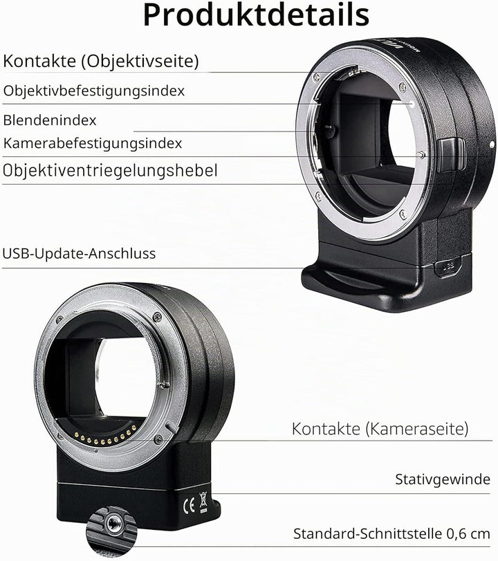 VILTROX NF-E1 Autofokus Objektivadapter,Objektiv Adapter Ring für Nikon F Bajonett Objektiv auf Sony