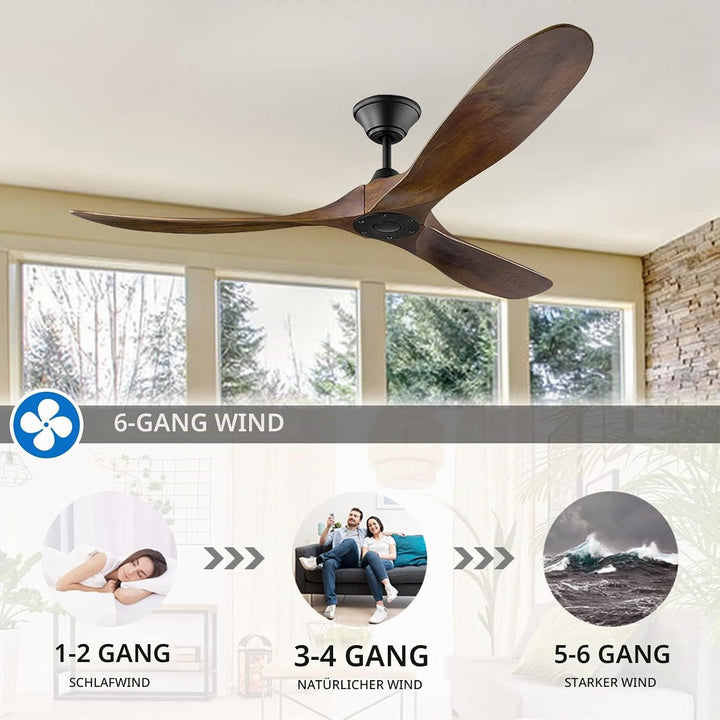Deckenventilator ohne Beleuchtung mit Fernbedienung, 152cm Holz Retro Deckenventilator, Reversibler