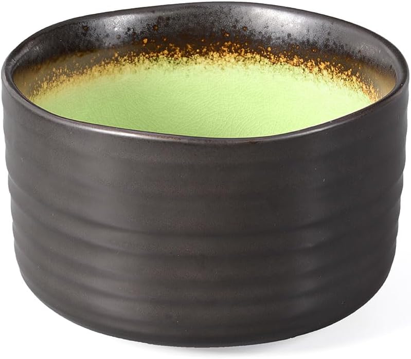 Matcha-Set 4-teilig, bestehend aus 2 Matchaschalen anthrazit/grün mit Craquelé-Muster, Matchalöffel