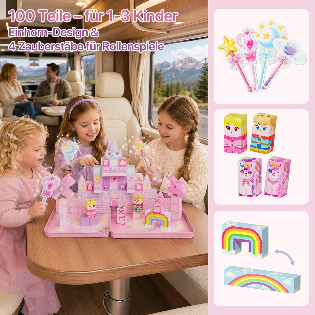 burgkidz Magnetische Bausteine Einhorn Reiseset: 100 Teile für Mädchen | Magnetspielzeug mit Metalld