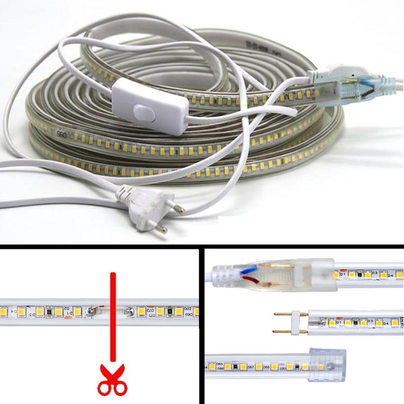 FOLGEMIR 12m Kalt Weiss LED Band mit Schalter, 2835 SMD 144 Leds/m Lichtleiste, 220V 230V Strip, seh