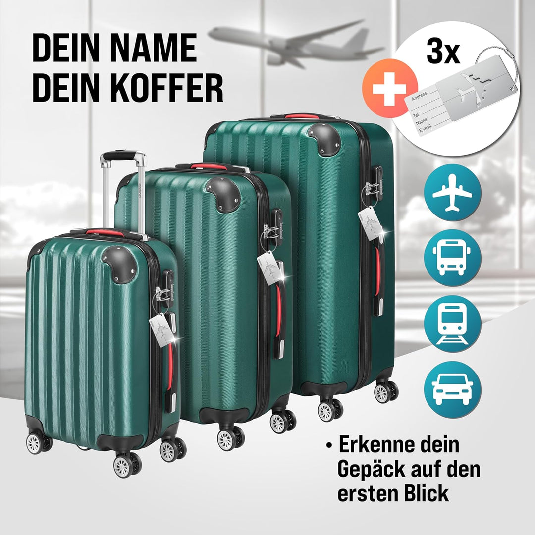 MONZANA® 3tlg. Kofferset, Grün - M-L-XL - inkl. Schloss, Organizer & Kofferwaage - Gurt Gel-Griffe,