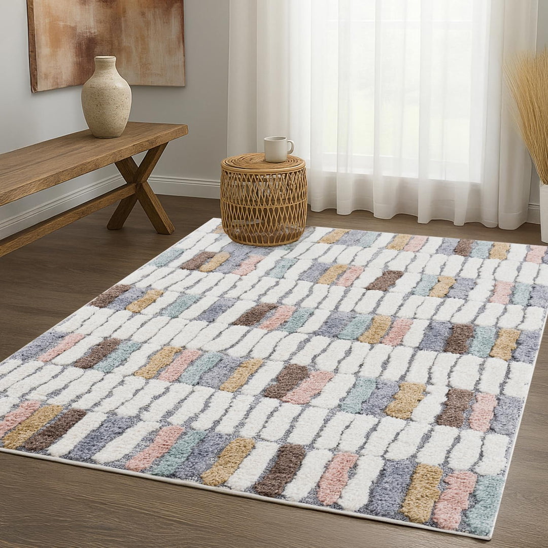 payé Teppich Wohnzimmer - 140x200cm - Hochflor Flauschig Weich - Pastellfarben Multi - Boho Design -