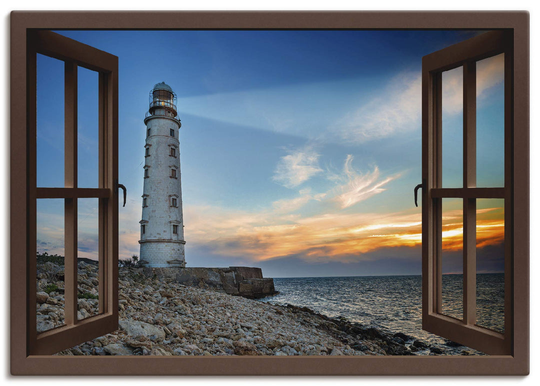 ARTland Leinwandbilder Wandbild Bild Leinwand 100x70 cm Strand Meer Leuchtturm Küste Sonnenuntergang
