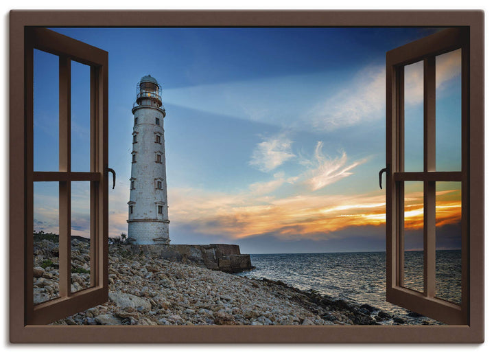 ARTland Leinwandbilder Wandbild Bild Leinwand 70x50 cm Strand Meer Leuchtturm Küste Sonnenuntergang
