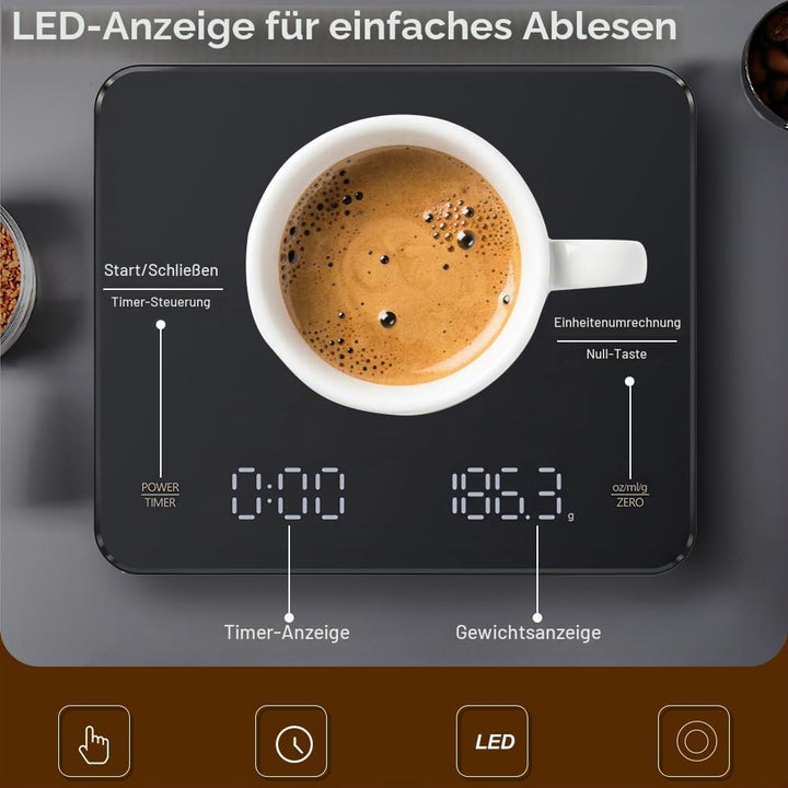 OBEST Mini Kaffeewaage mit Timer, 3kg/0.1g Hochpräzise Wiederaufladbare Digitale Kaffeewaage,Tragbar